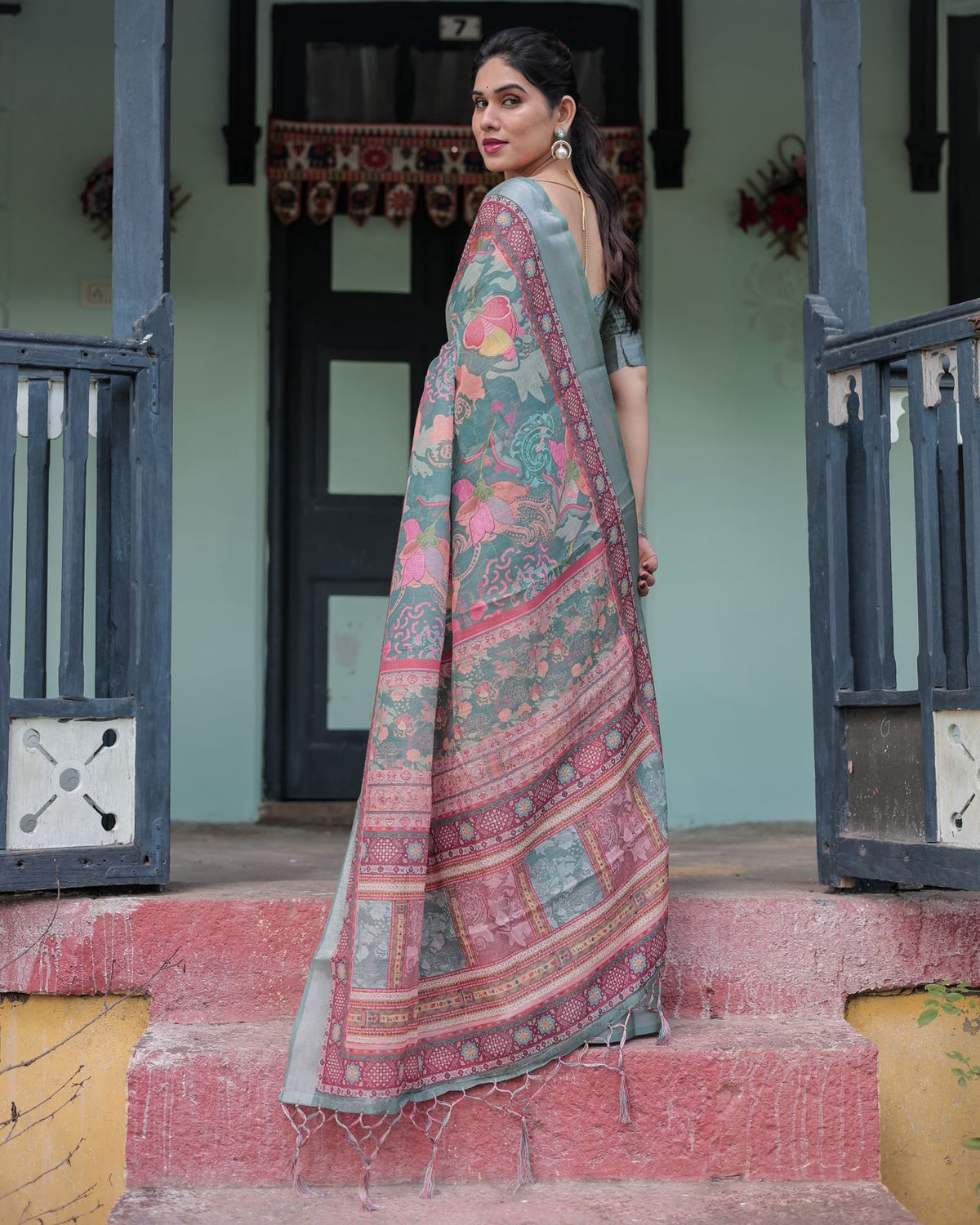 Teal Green Printed Linen Saree with Ethnic Border for Women