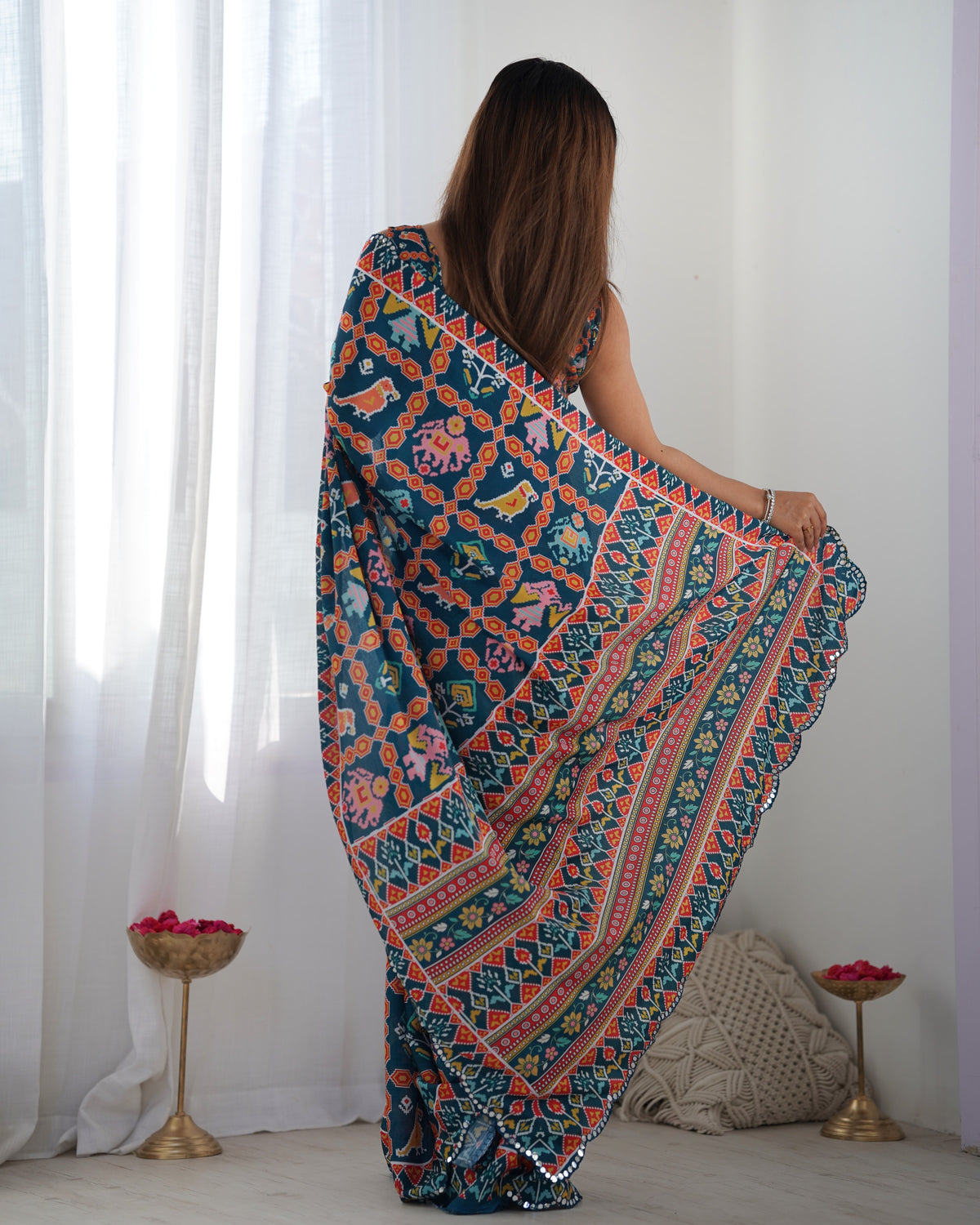 Teal Printed Chinon Saree with Mirror Lace Border for Women