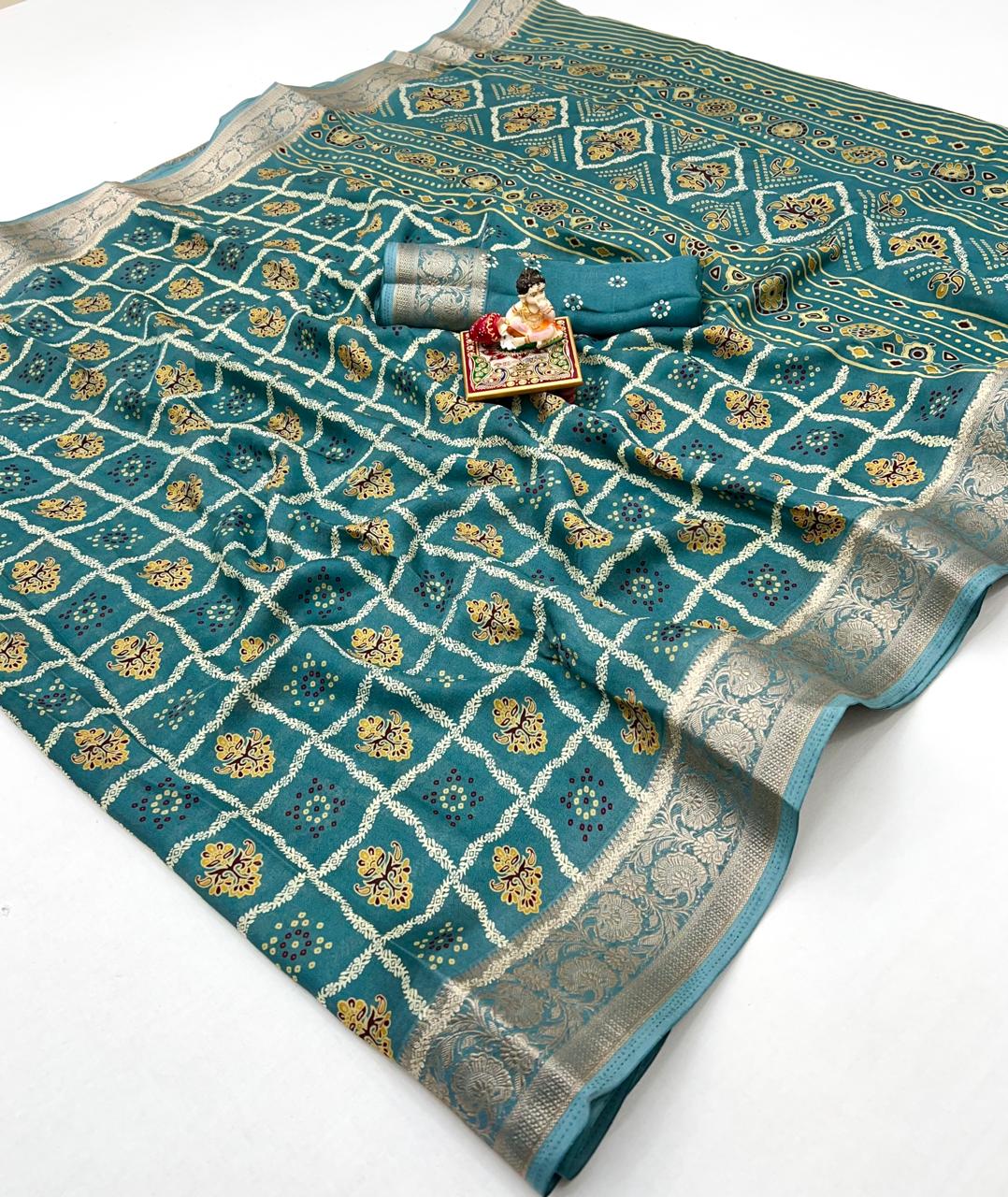 Teal Printed Moss Georgette Saree With Zari Border for Women