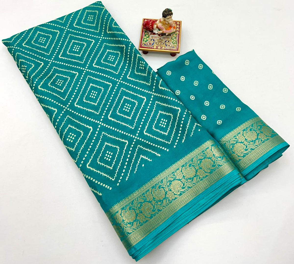 Teal Printed Moss Georgette Saree With Zari Border 2 for Women