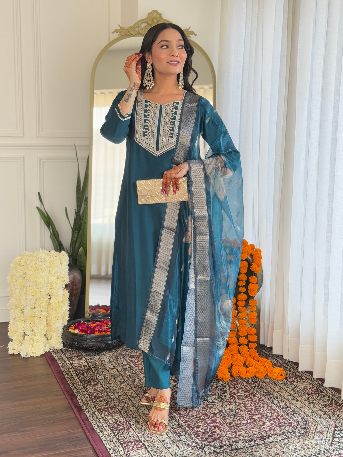 Teal Rayon Threadwork Salwar Suit for Women