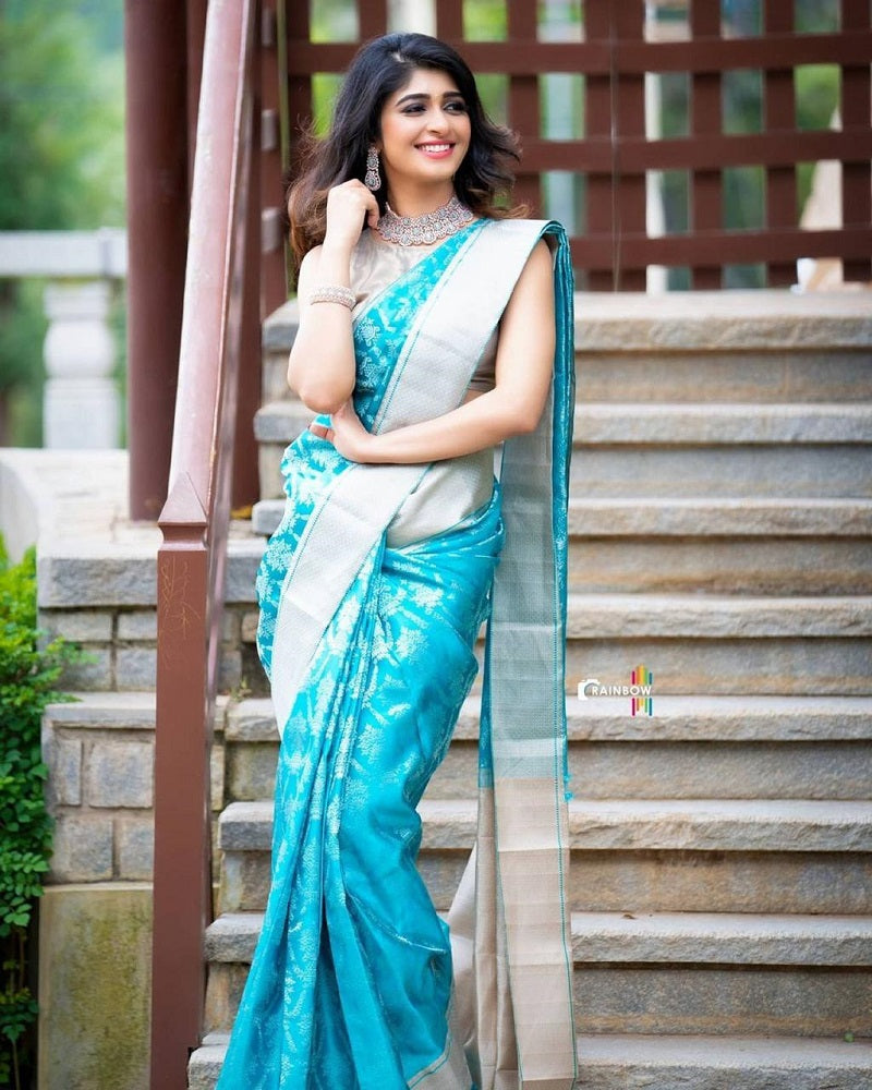 Teal Silk Saree with Silver Zari and Contrast Border for Women