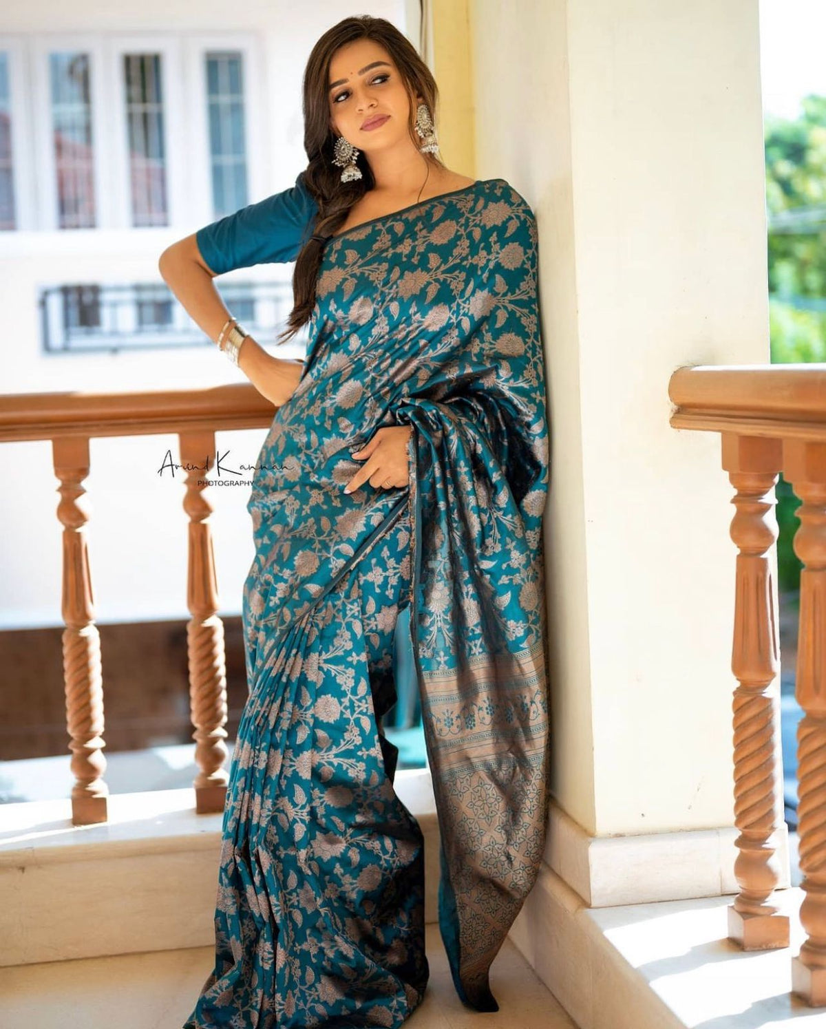 Elegant Teal Silk Saree with Floral Zari Design for Women