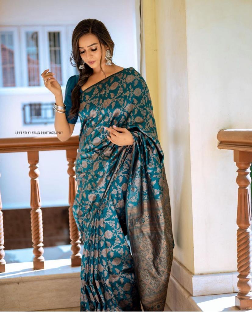 Elegant Teal Silk Saree with Floral Zari Design for Women