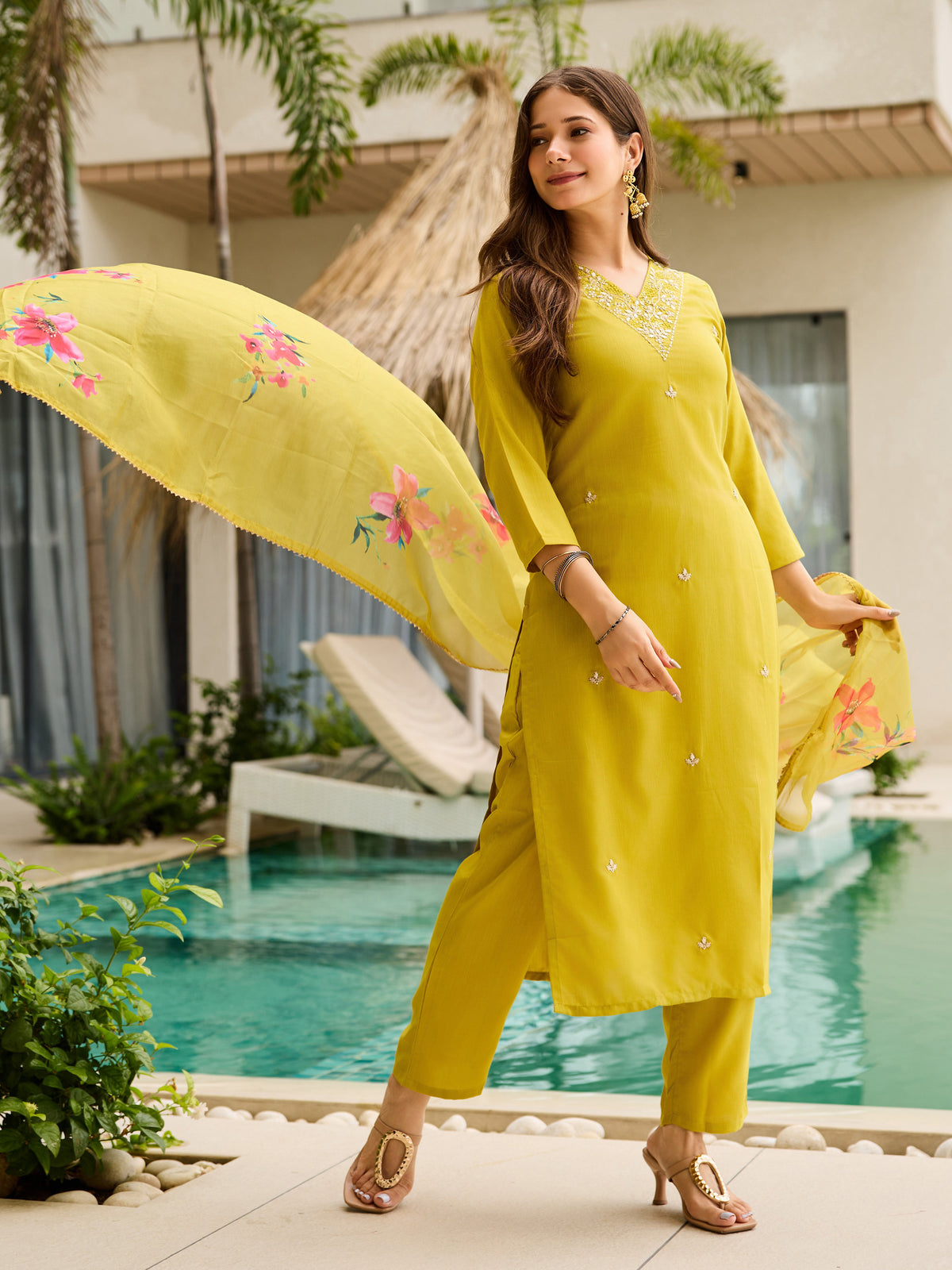 Threadwork Salwar Suit with Pure Organza Dupatta for Women