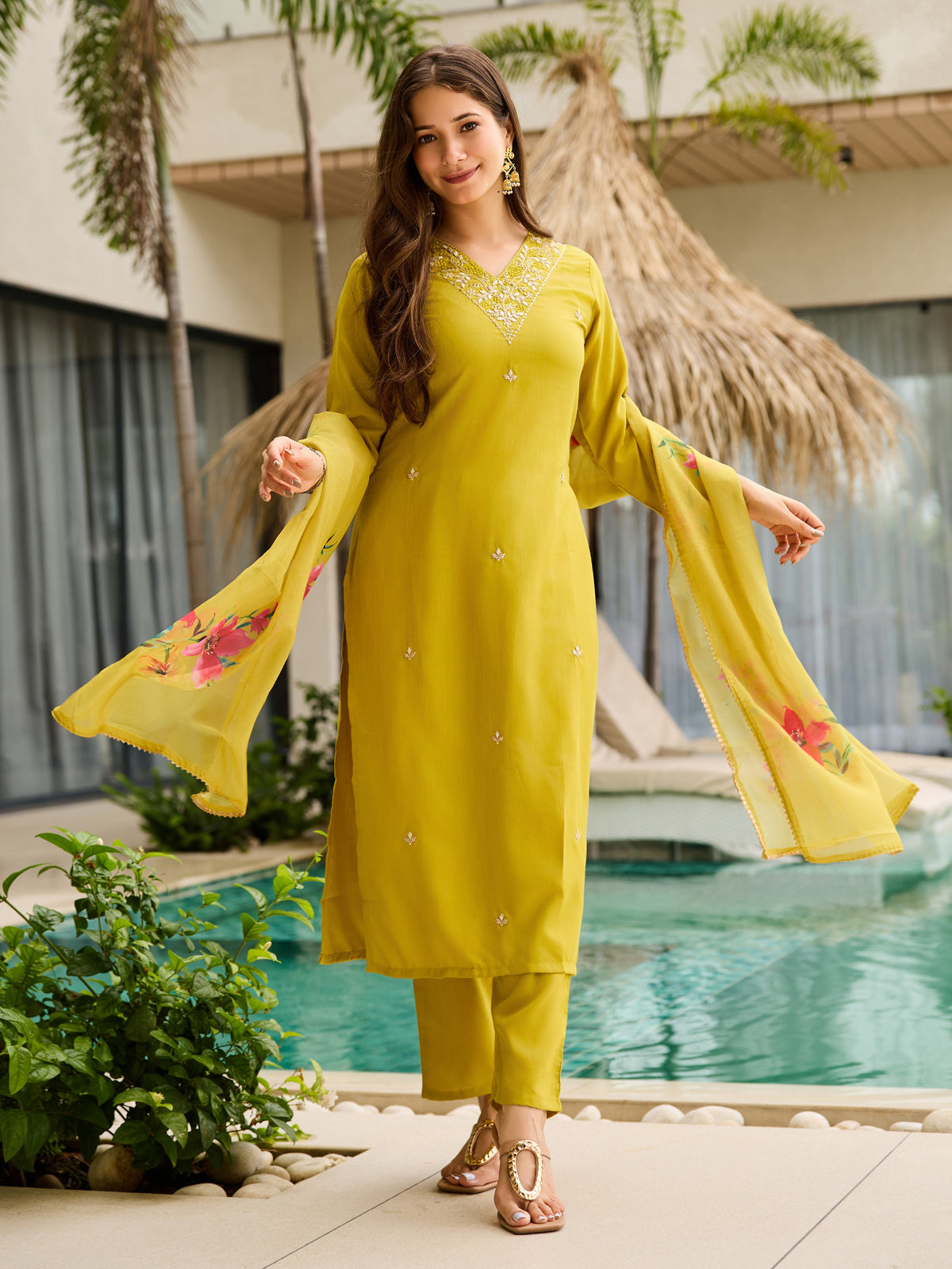 Threadwork Salwar Suit with Pure Organza Dupatta for Women