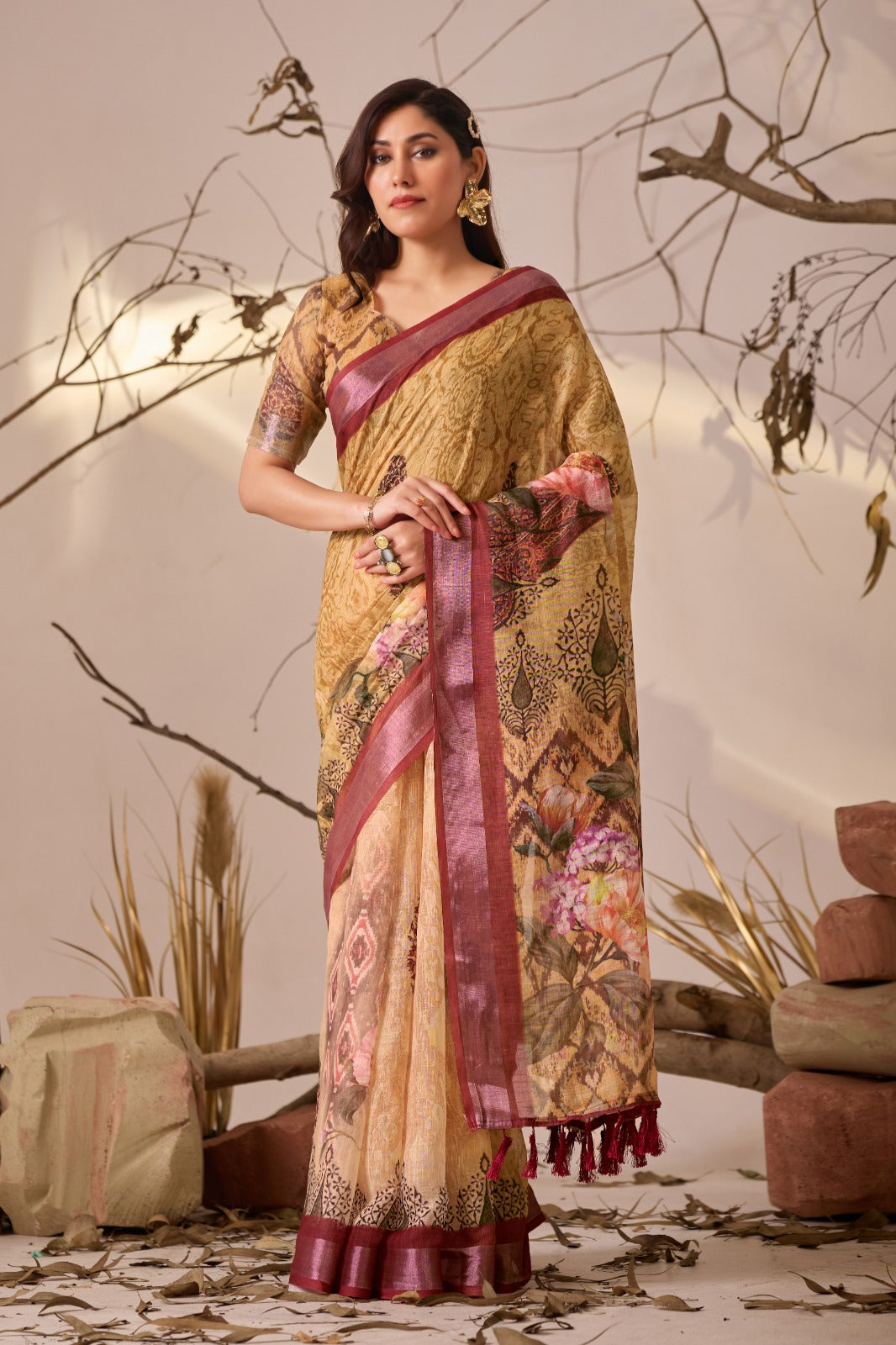 Traditional Beige Multicolor Printed Saree for Women