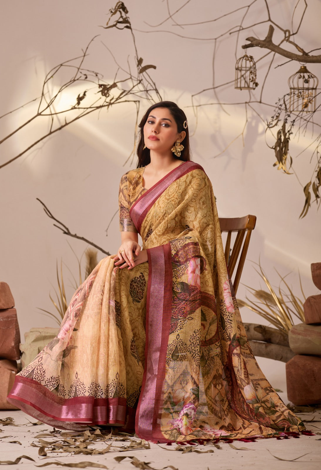 Traditional Beige Multicolor Printed Saree for Women