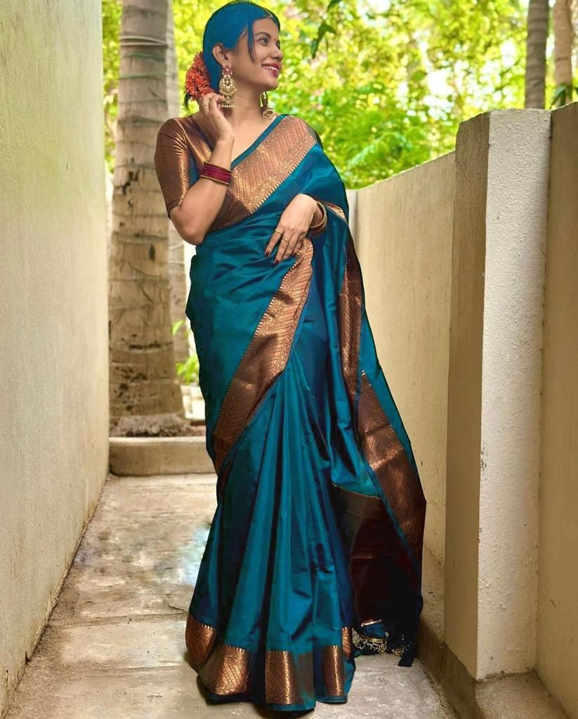 Traditional Teal Banarasi Saree for Festive Wear for Women