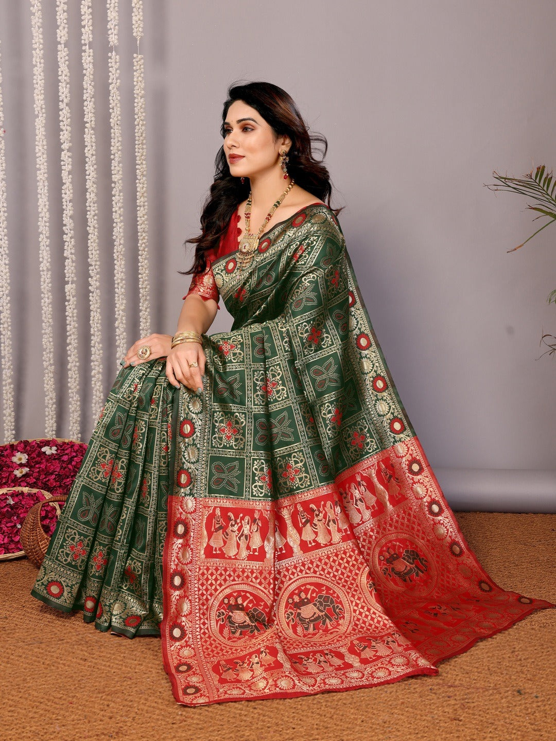 Wedding Wear Green Banarasi Saree with Red Highlights for Women