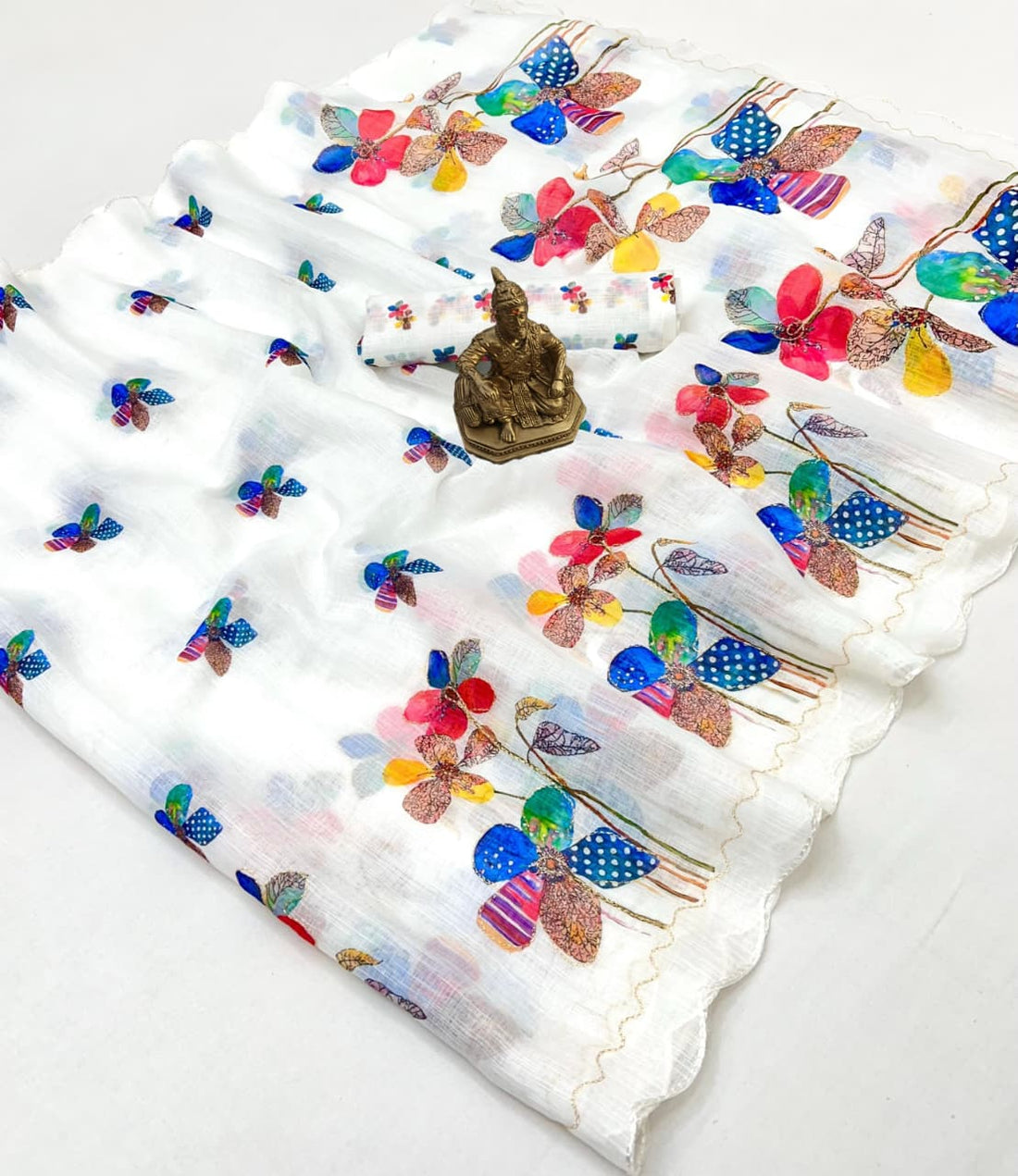 White Floral Aari Work Linen Saree with Blouse for Women