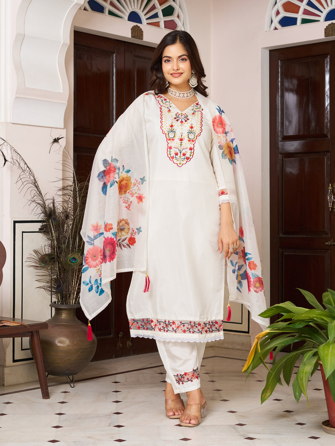White Chanderi Blossom Salwar Suit for Women