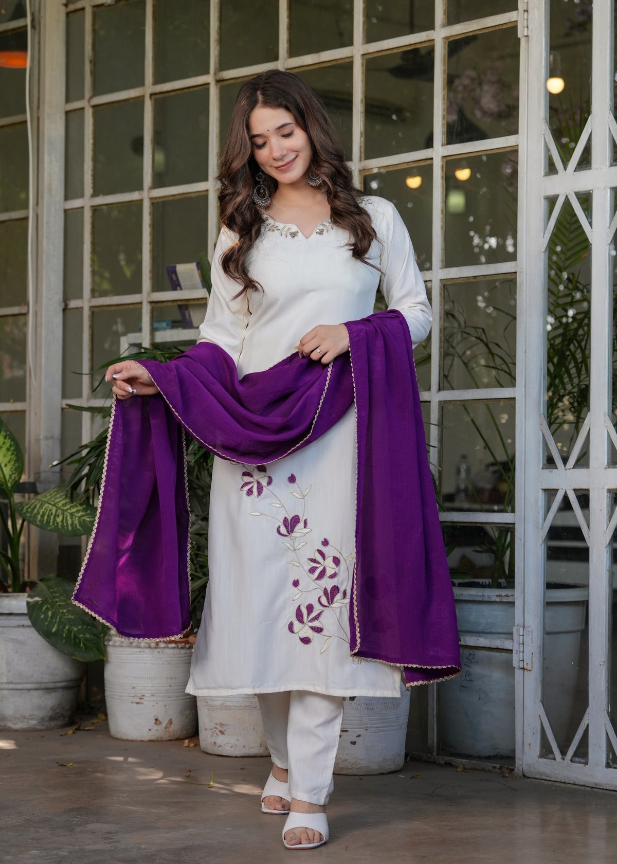 White Designer Threadwork Suit with Chinon Dupatta for Women