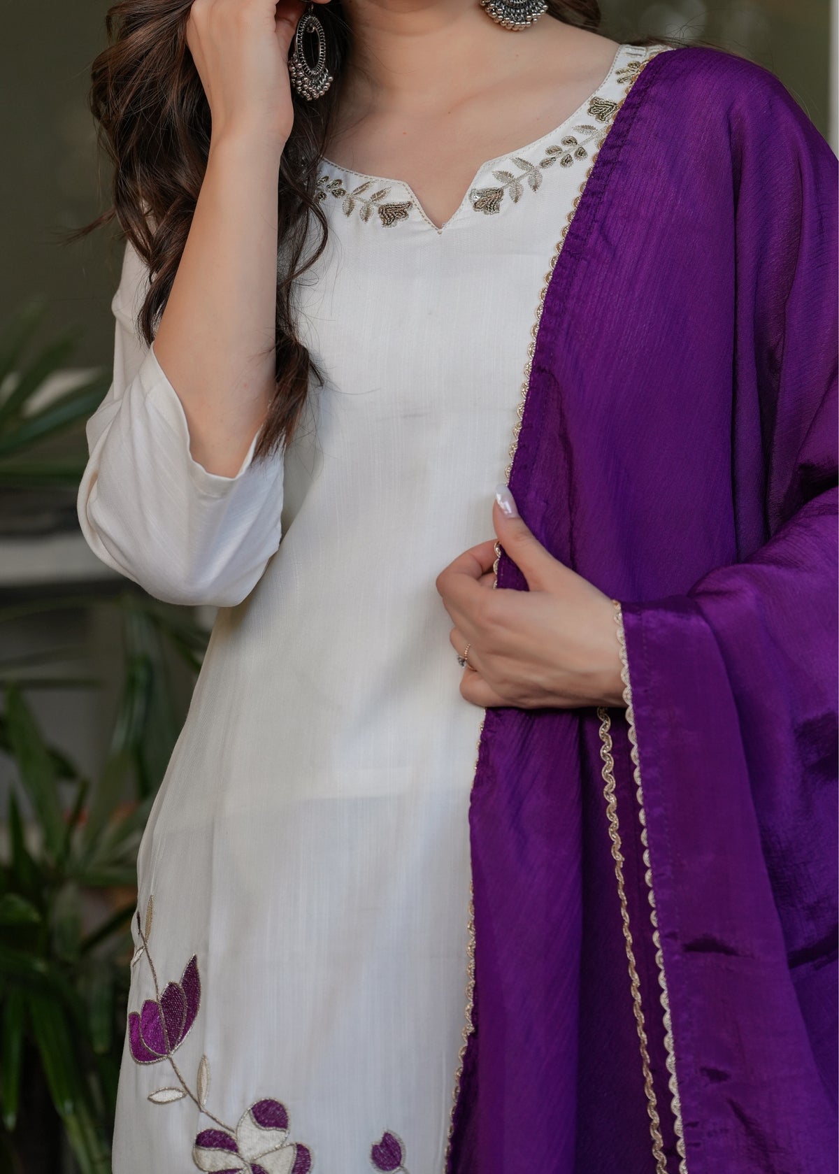 White Designer Threadwork Suit with Chinon Dupatta for Women