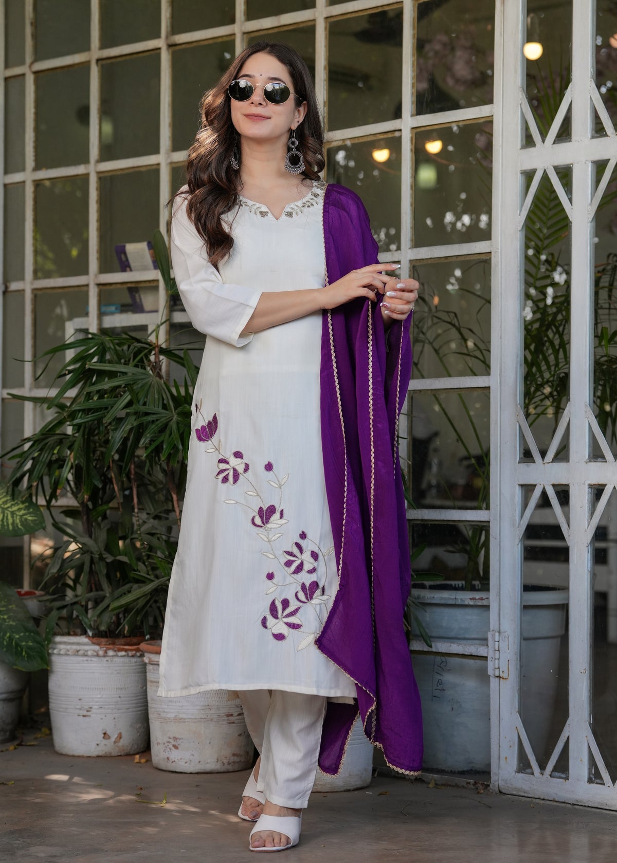 White Designer Threadwork Suit with Chinon Dupatta for Women