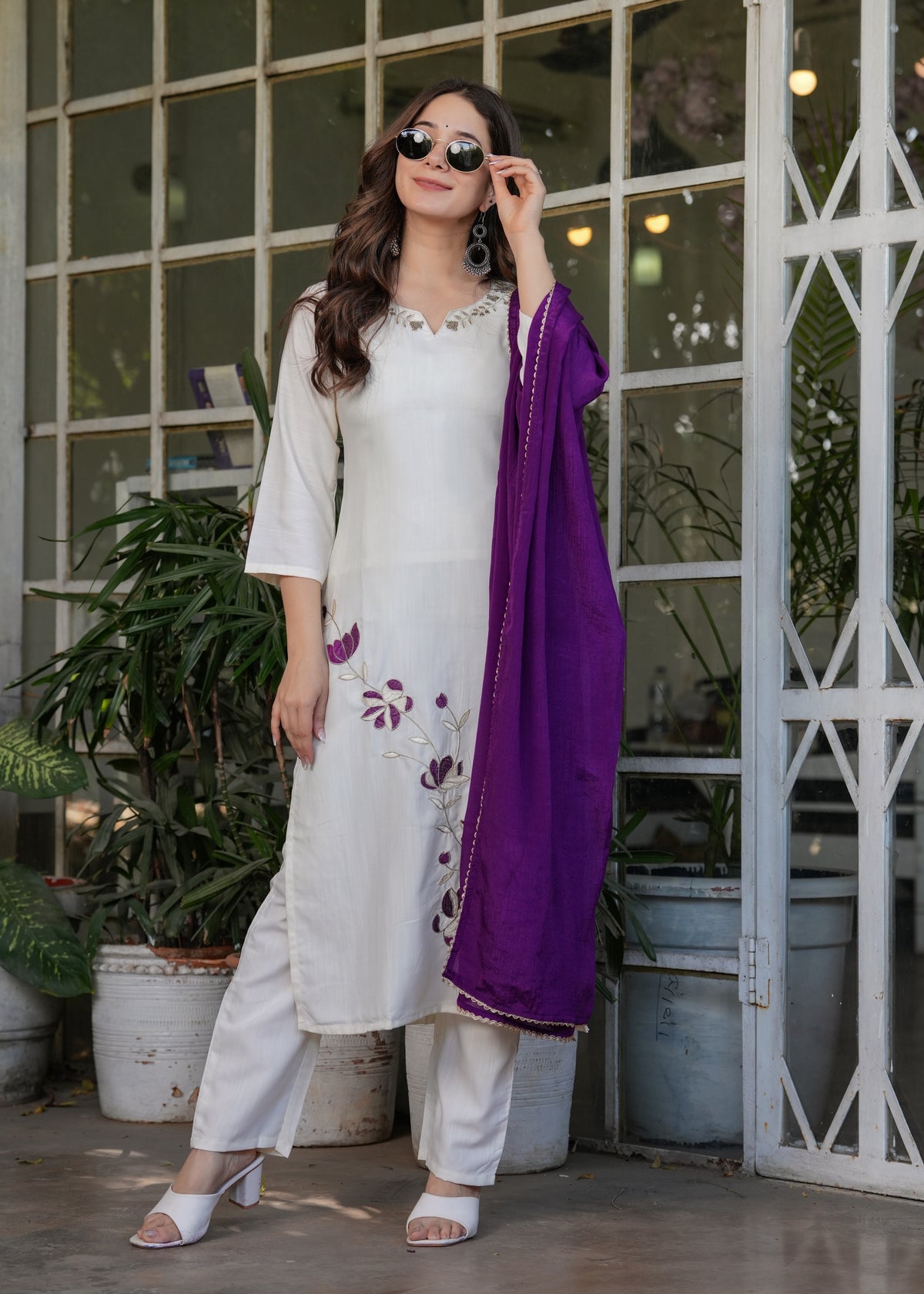 White Designer Threadwork Suit with Chinon Dupatta for Women