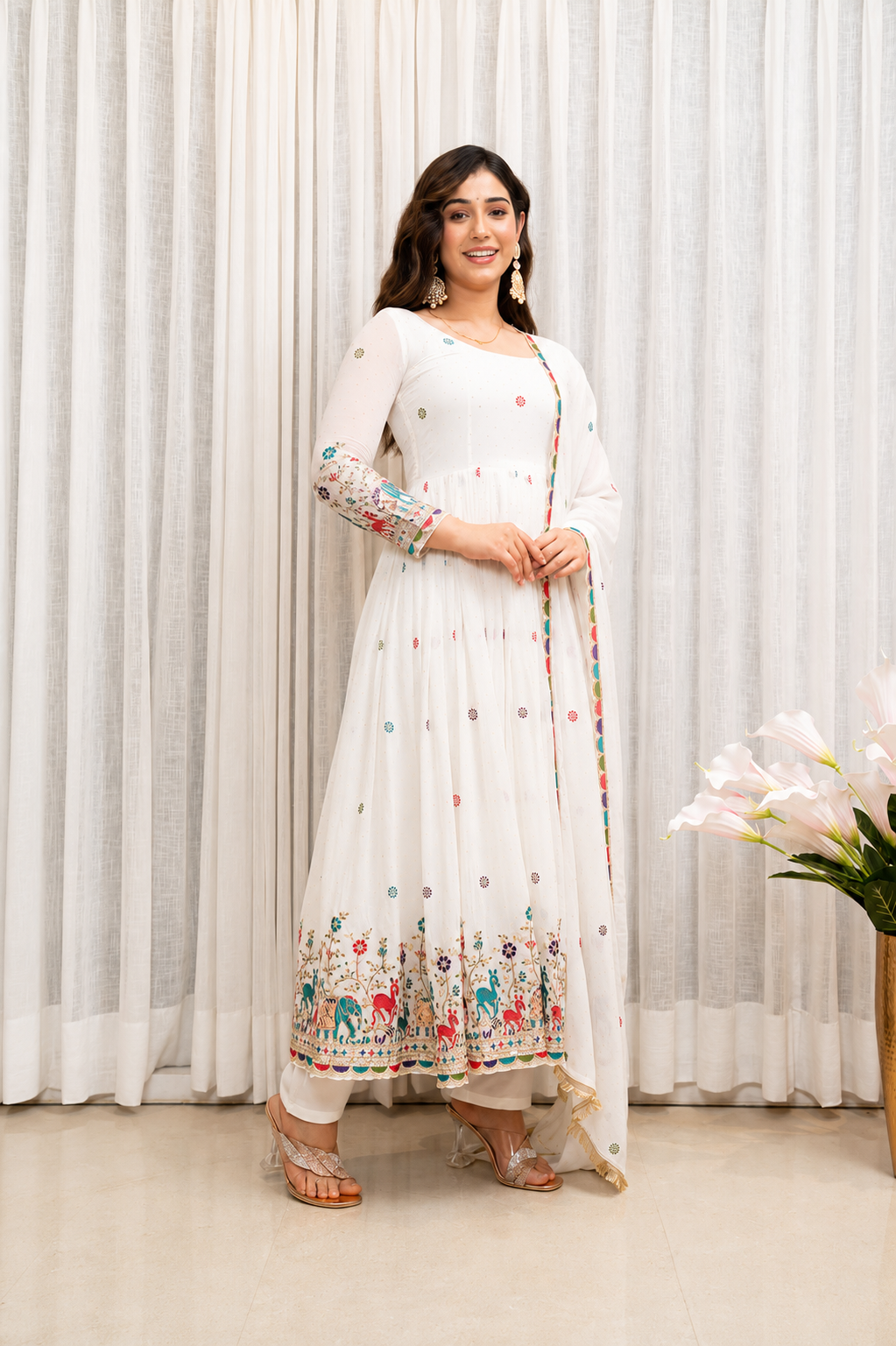 White Embroidered Anarkali Suit Set for Women