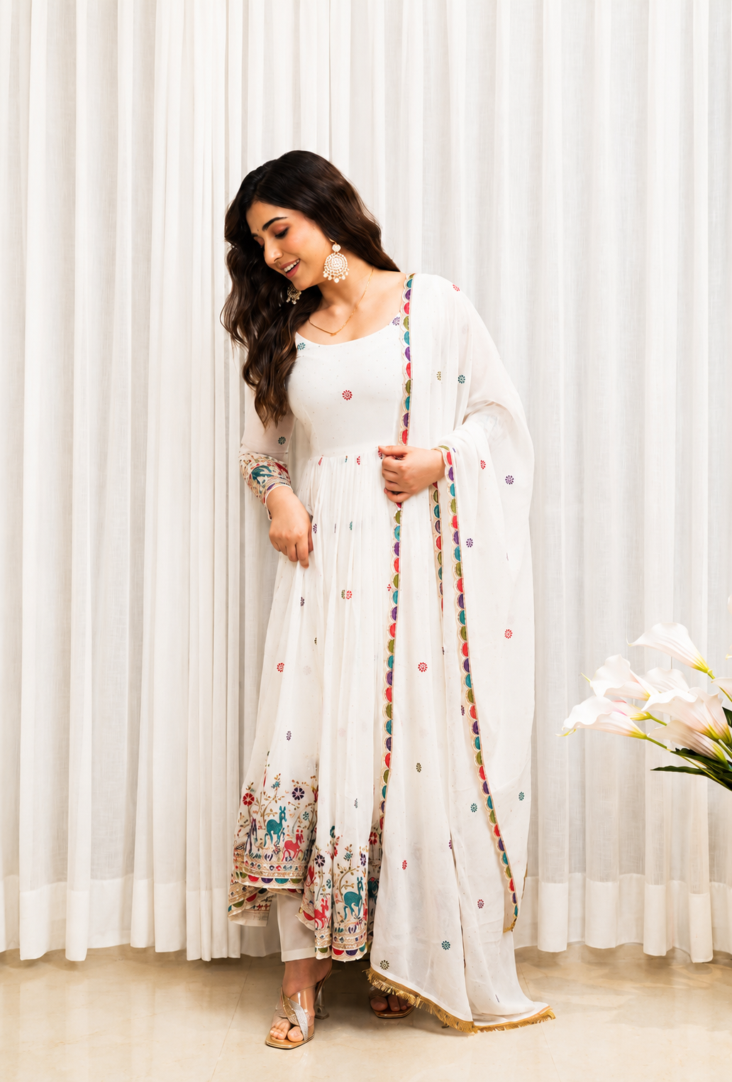 White Embroidered Anarkali Suit Set for Women