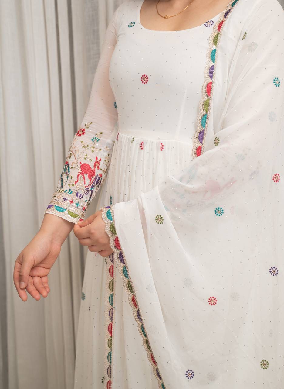 White Embroidered Anarkali Suit Set for Women