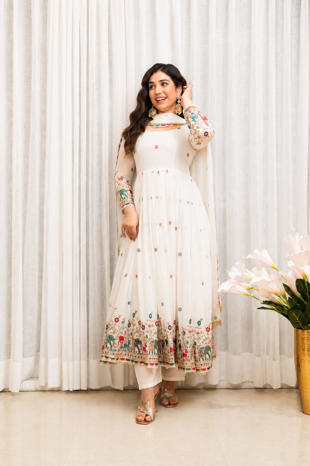 White Embroidered Anarkali Suit Set for Women