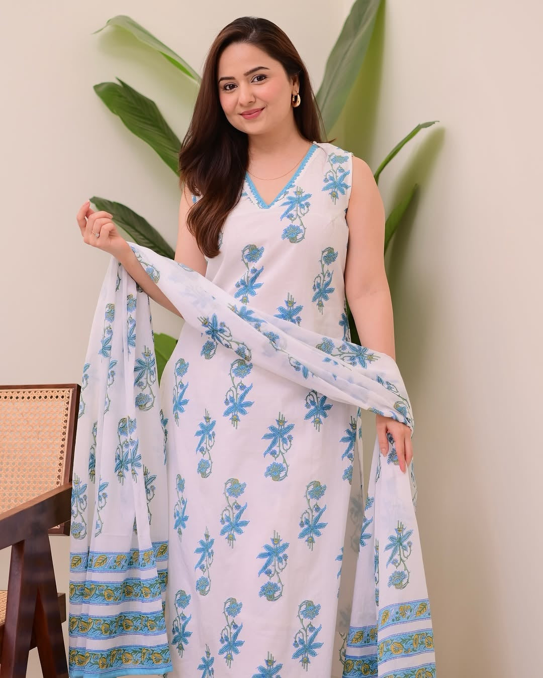 White Blue Printed Cotton Kurta Pant Dupatta Set for Women