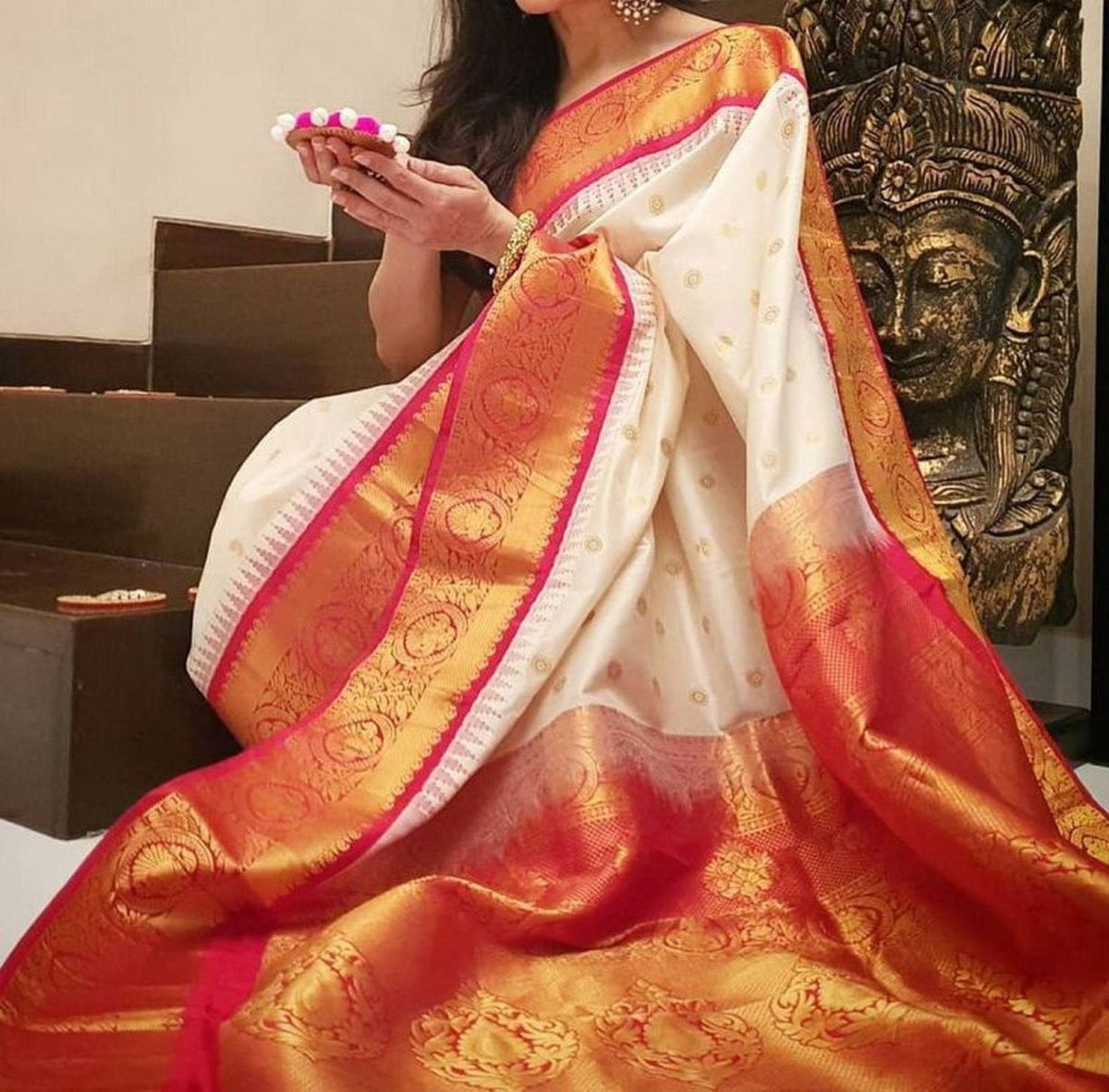 White Red Banarasi Silk Saree With Rich Zari Border for Women