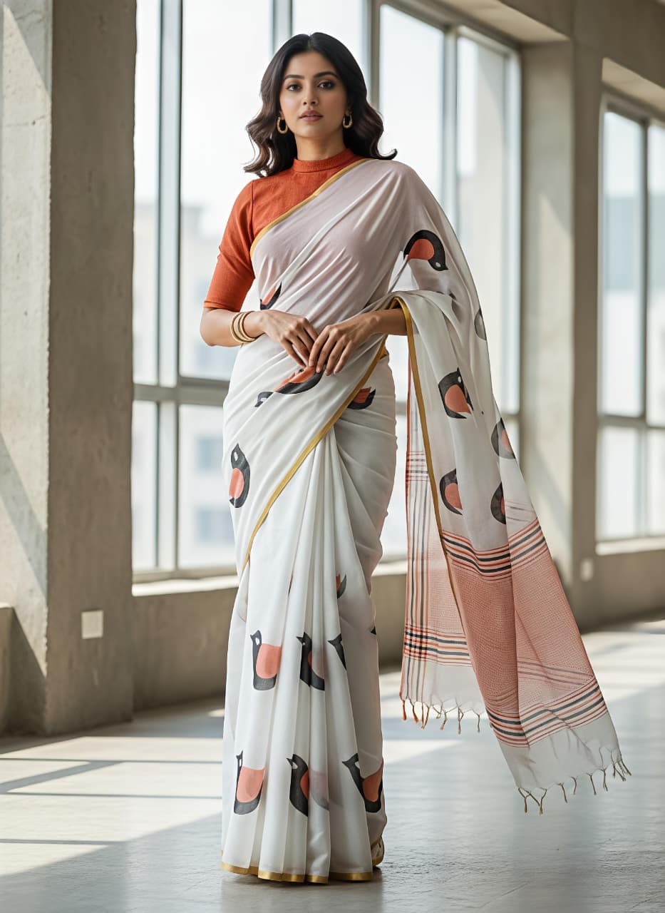 Elegant White Linen Saree with Bird Digital Print & Gold Border