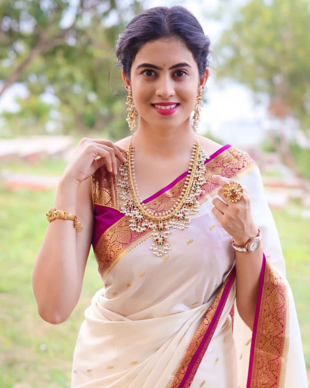 White Pink Lichi Silk Saree with Rich Golden Zari Work for Women