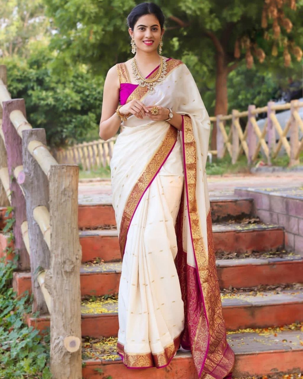 White Pink Lichi Silk Saree with Rich Golden Zari Work for Women
