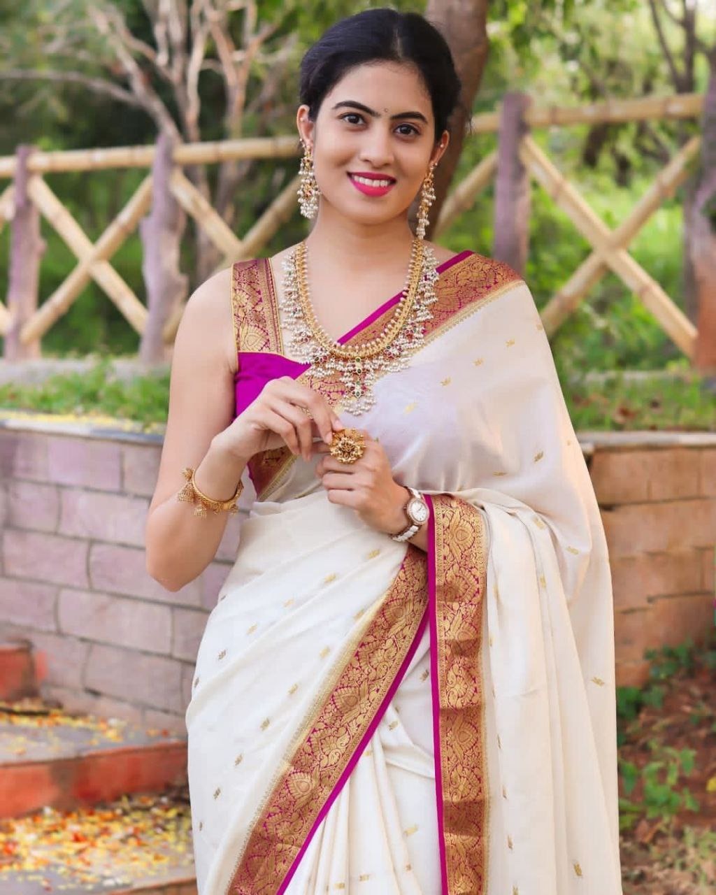 White Pink Lichi Silk Saree with Rich Golden Zari Work for Women