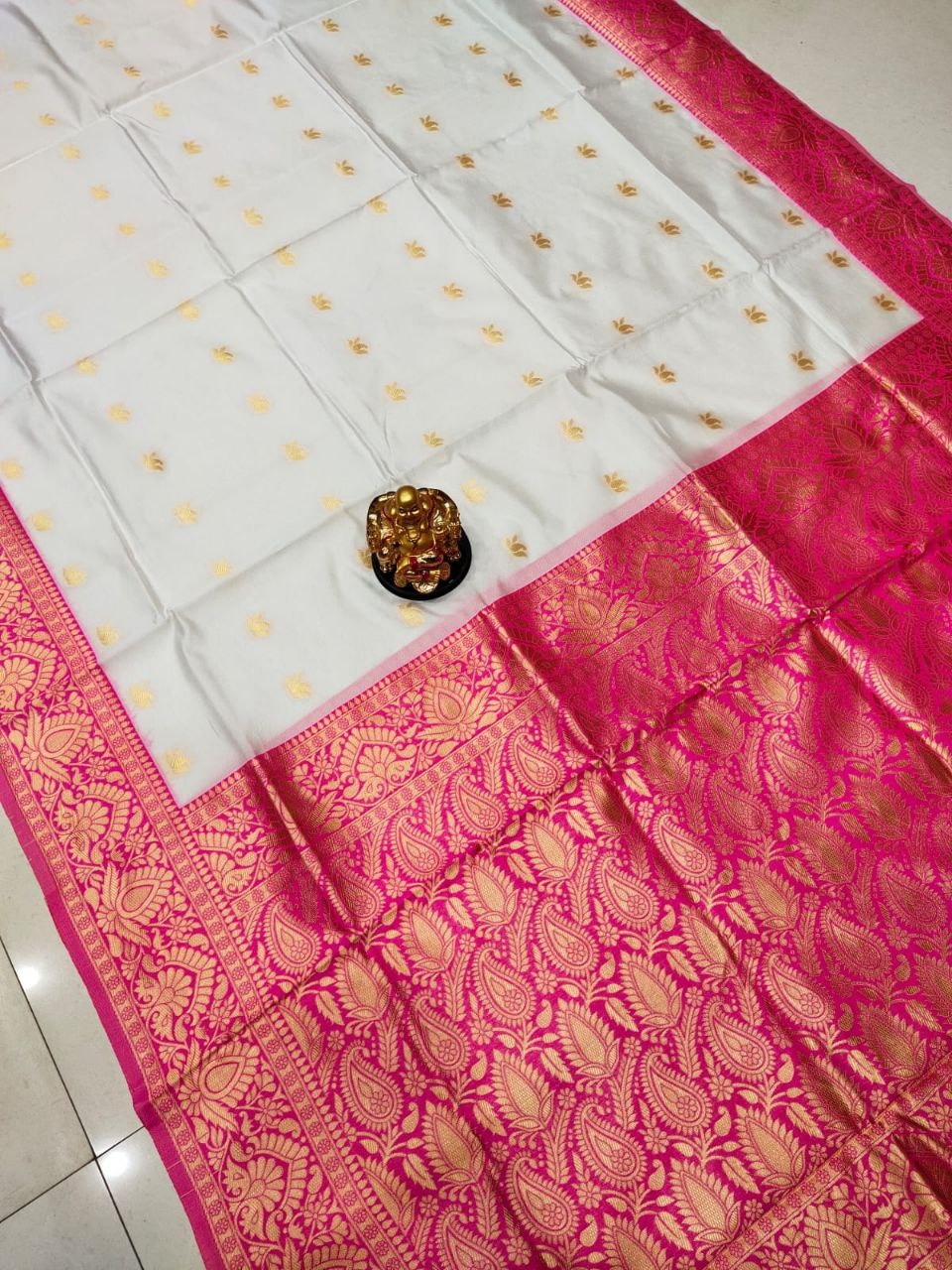 White Pink Lichi Silk Saree with Rich Golden Zari Work for Women