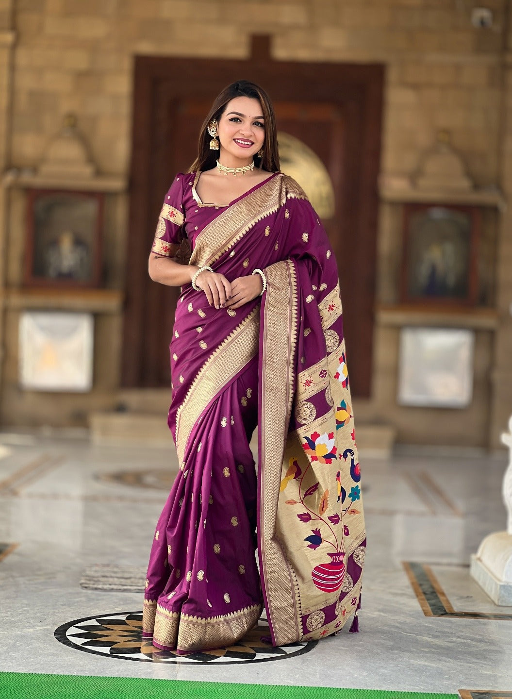 Wine Banarasi Silk Saree with Zari & Paithani Pallu for Women