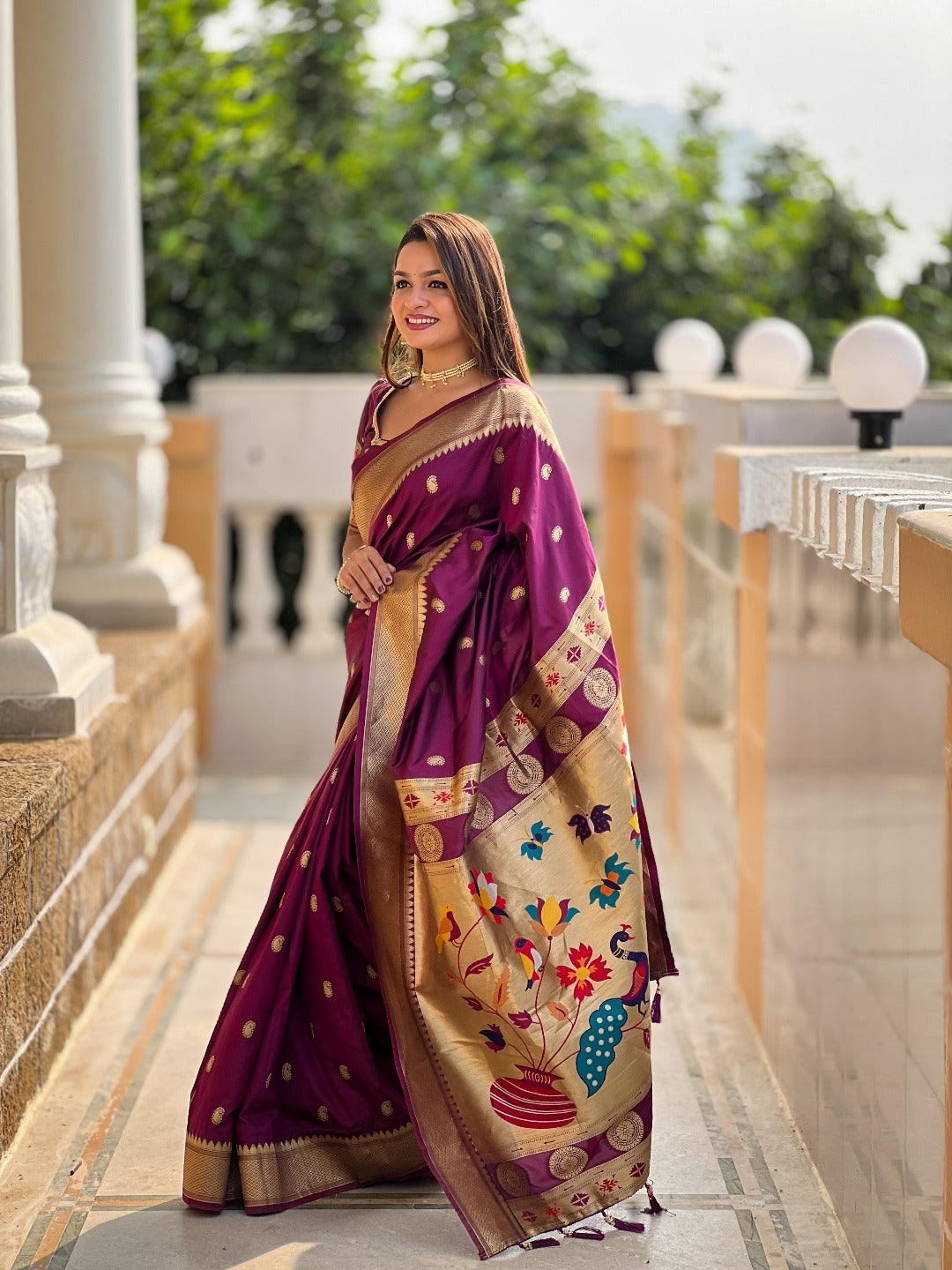 Wine Banarasi Silk Saree with Zari & Paithani Pallu for Women