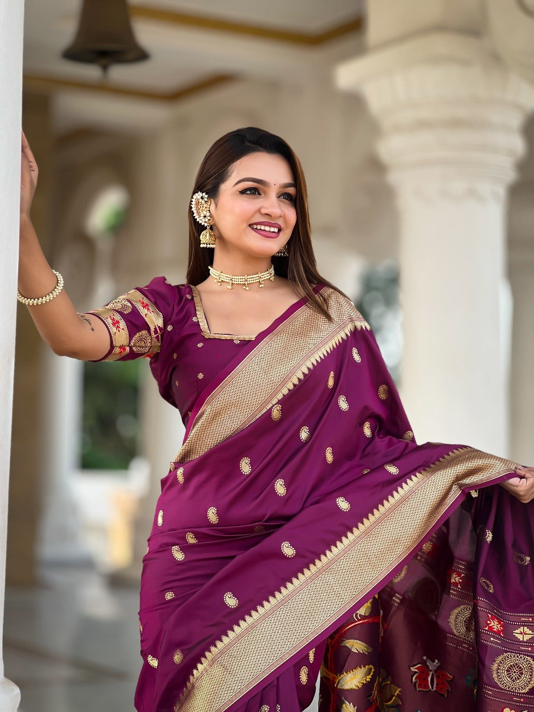 Wine Banarasi Silk Saree with Zari & Paithani Pallu for Women