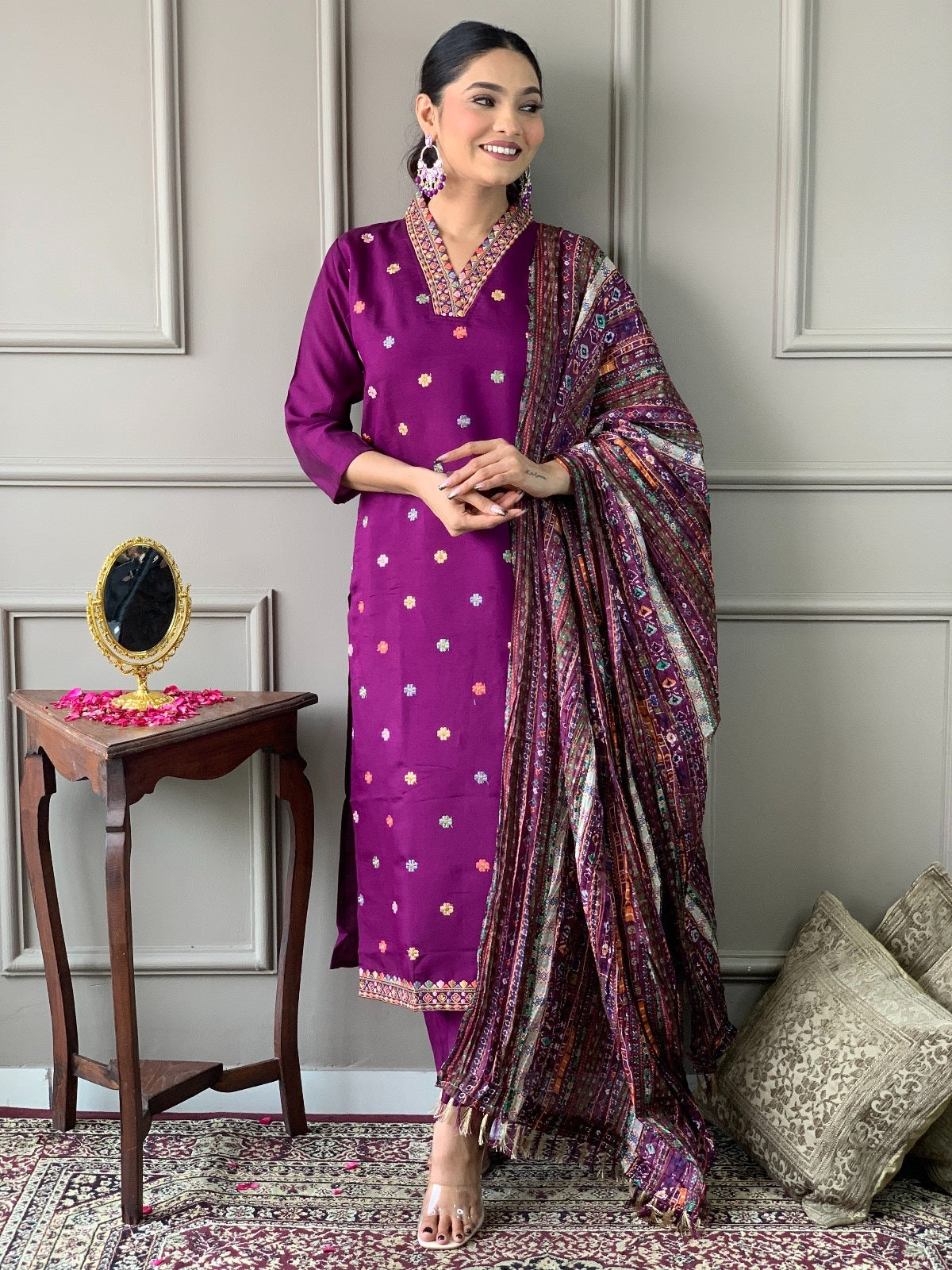 Wine Chanderi Embroidered Kurta Set with Dupatta for Women