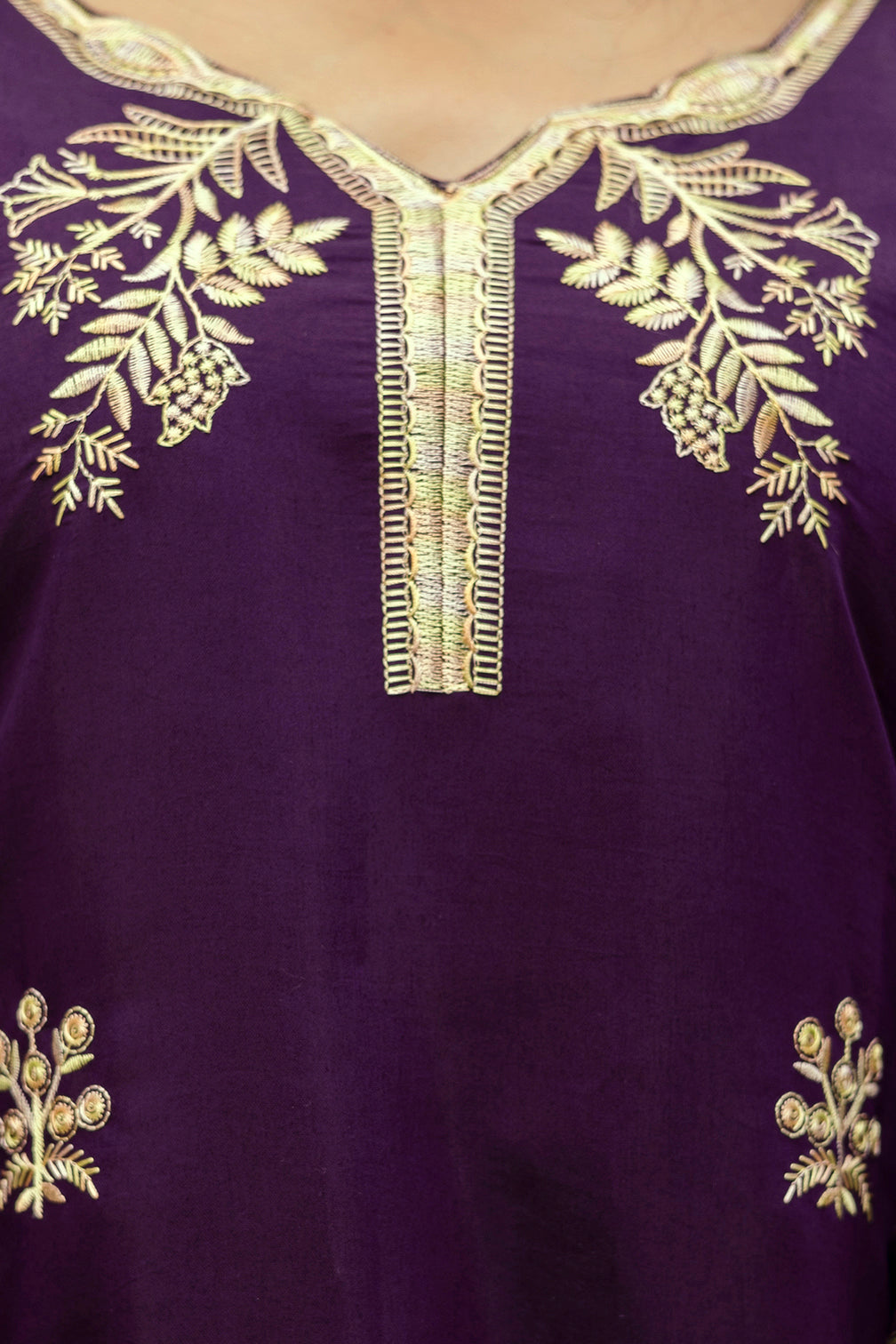 Wine Embroidered Chanderi Kurti Pant Dupatta Set for Women