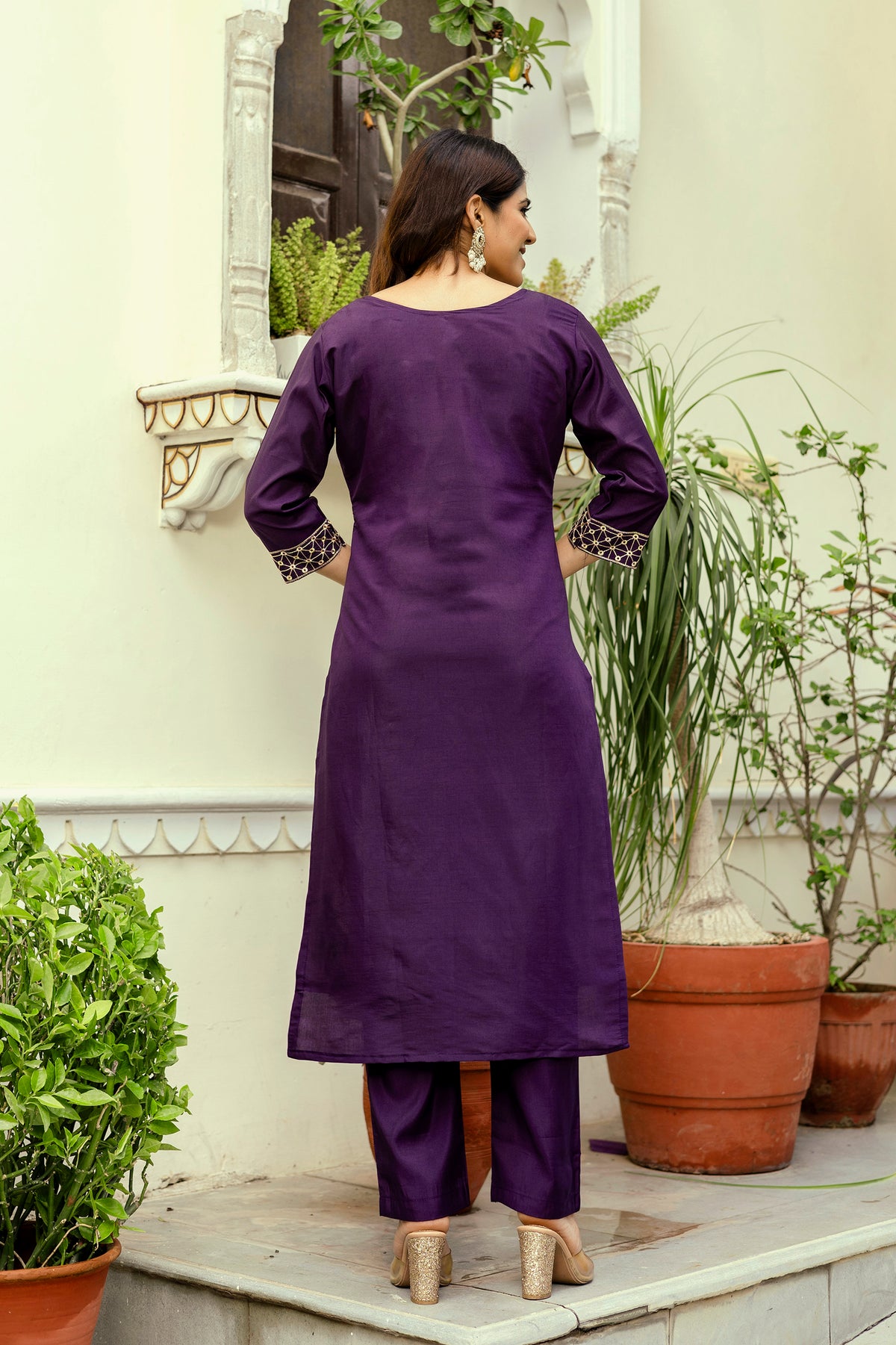 Wine Embroidered Chanderi Kurti Pant Dupatta Set for Women