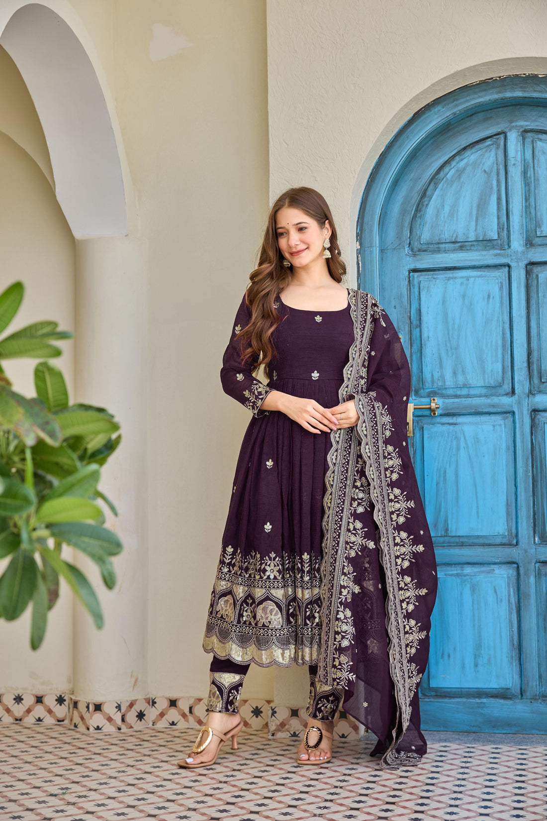 Wine Embroidered Anarkali Suit with Dupatta for Women