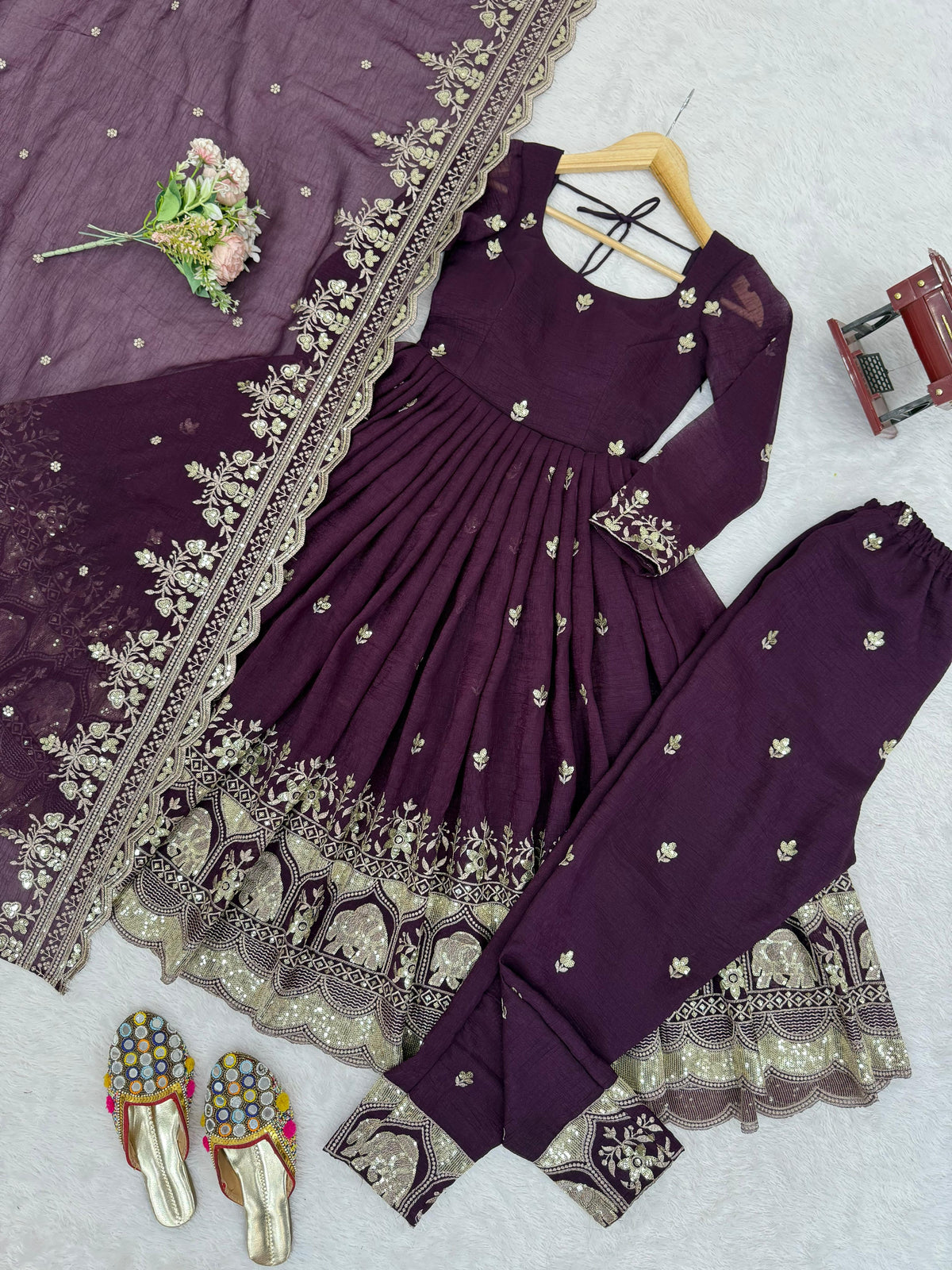 Wine Embroidered Anarkali Suit with Dupatta for Women