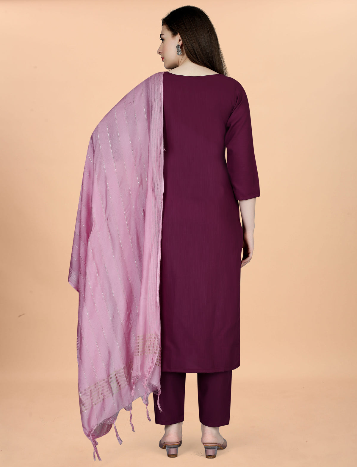Wine Embroidered Cotton Blend Kurta Pant Dupatta Set for Women