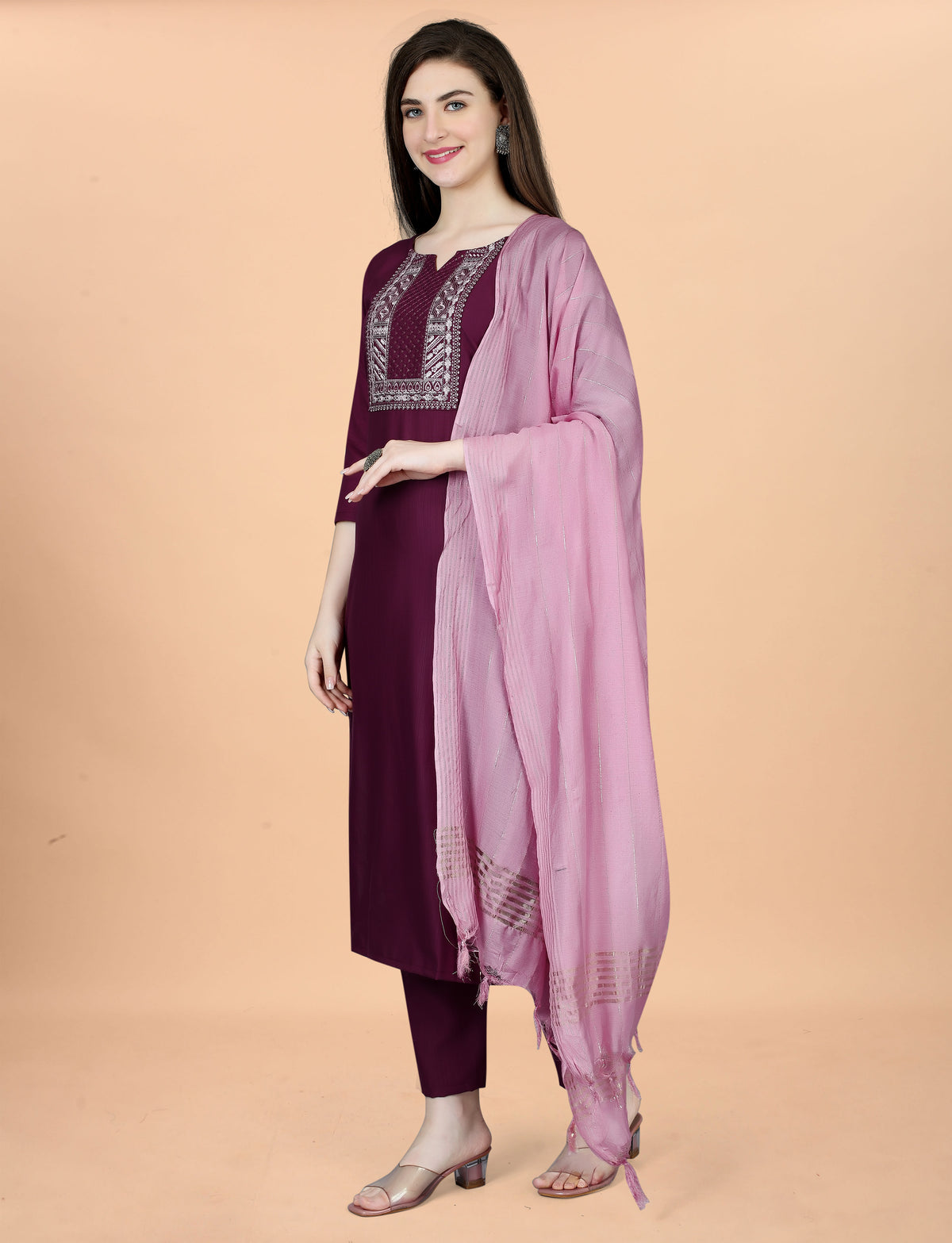 Wine Embroidered Cotton Blend Kurta Pant Dupatta Set for Women