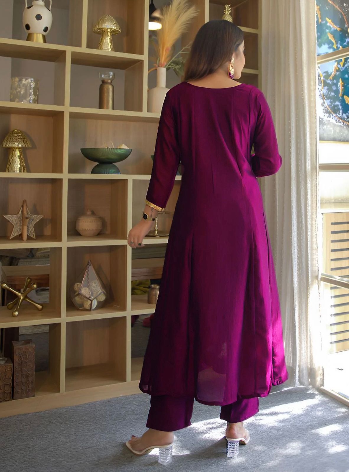 Wine Embroidered Silk Anarkali Kurti Pant Dupatta Set for Women