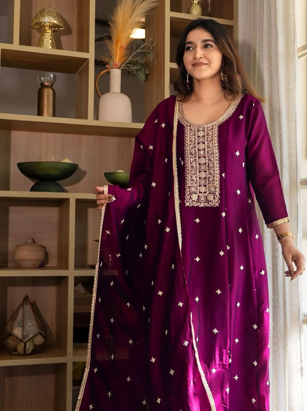 Wine Embroidered Silk Anarkali Kurti Pant Dupatta Set for Women