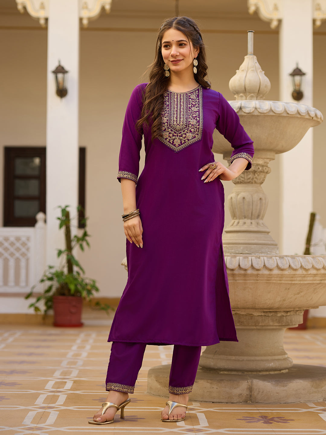 Wine Embroidered Rayon Kurta Set with Chinon Dupatta for Women