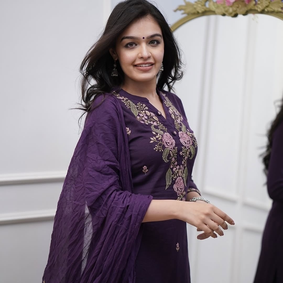Wine Embroidered Viscose Kurti Set with Dupatta for Women