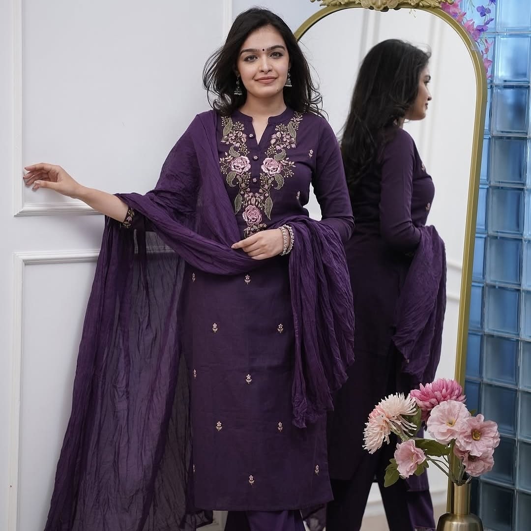 Wine Embroidered Viscose Kurti Set with Dupatta for Women