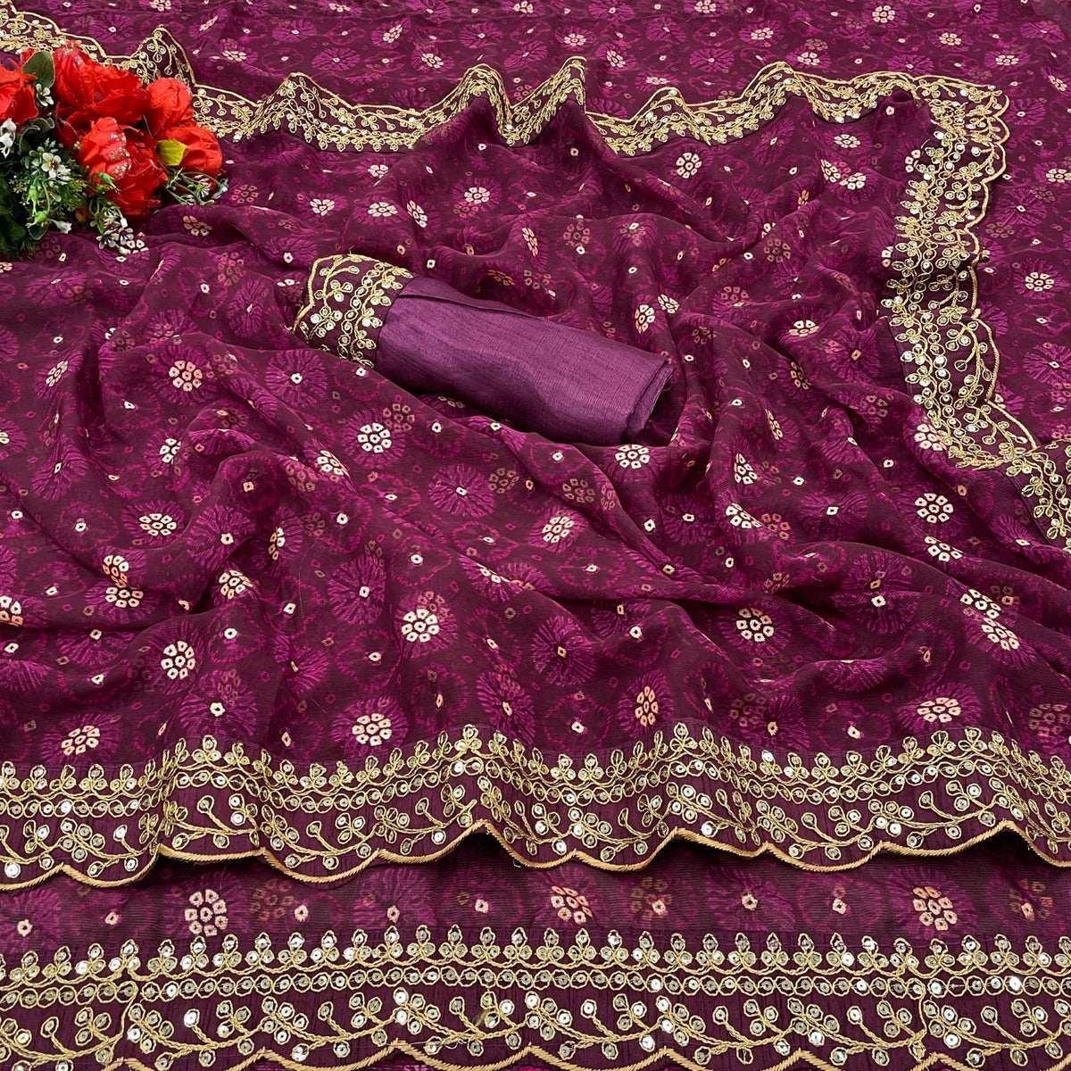 Wine Floral Georgette Saree with Sequin Lace Border for Women