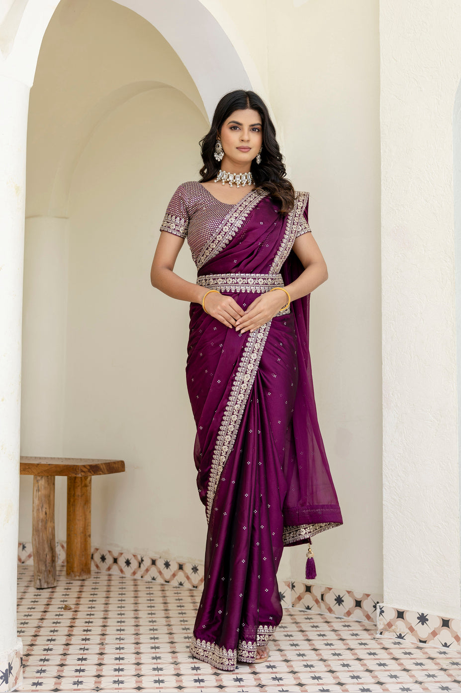 Wine Kasturi Silk Saree with Zari, Dori & Sequin Work for Women