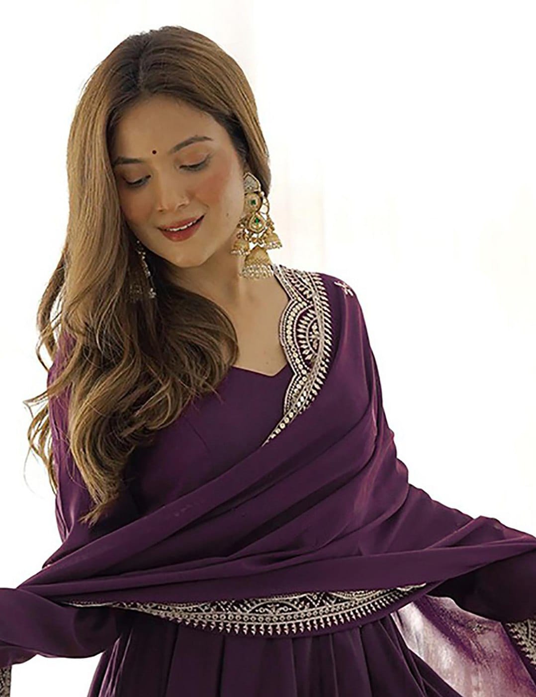 Wine Party Wear Anarkali Gown with Lace Dupatta for Women