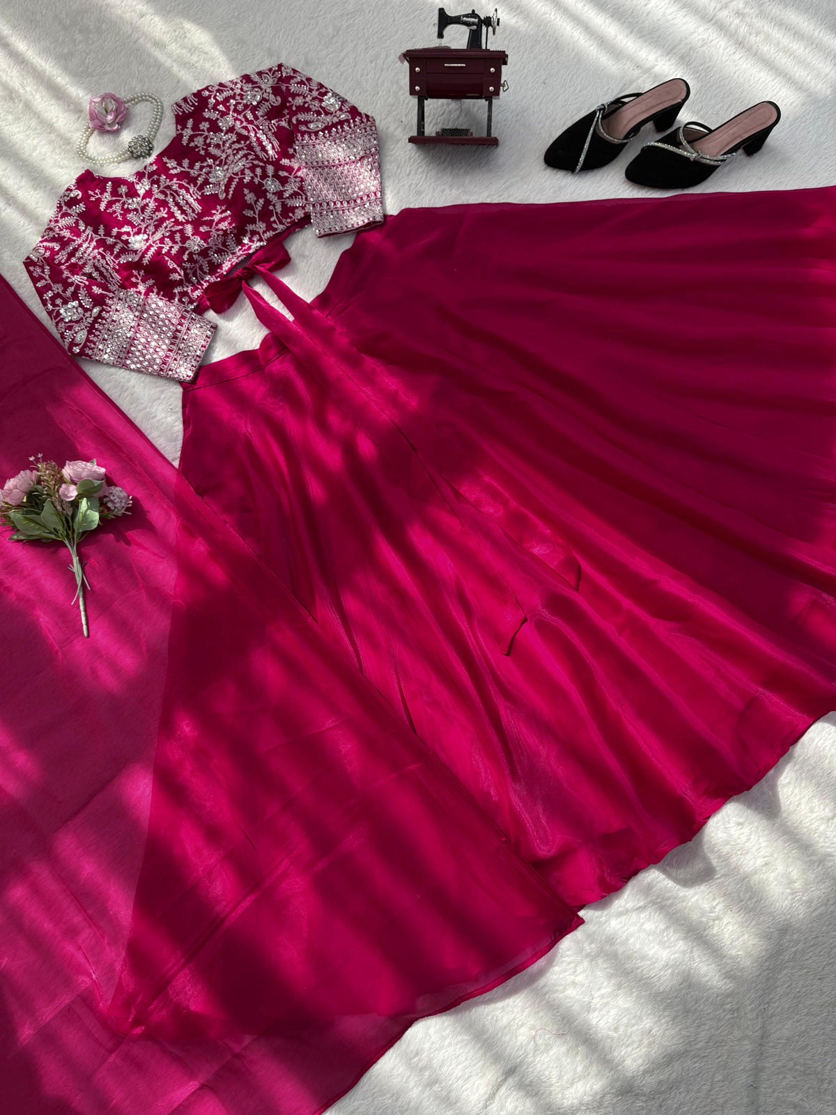Wine Pink Embroidered Silk Lehenga Set for Women